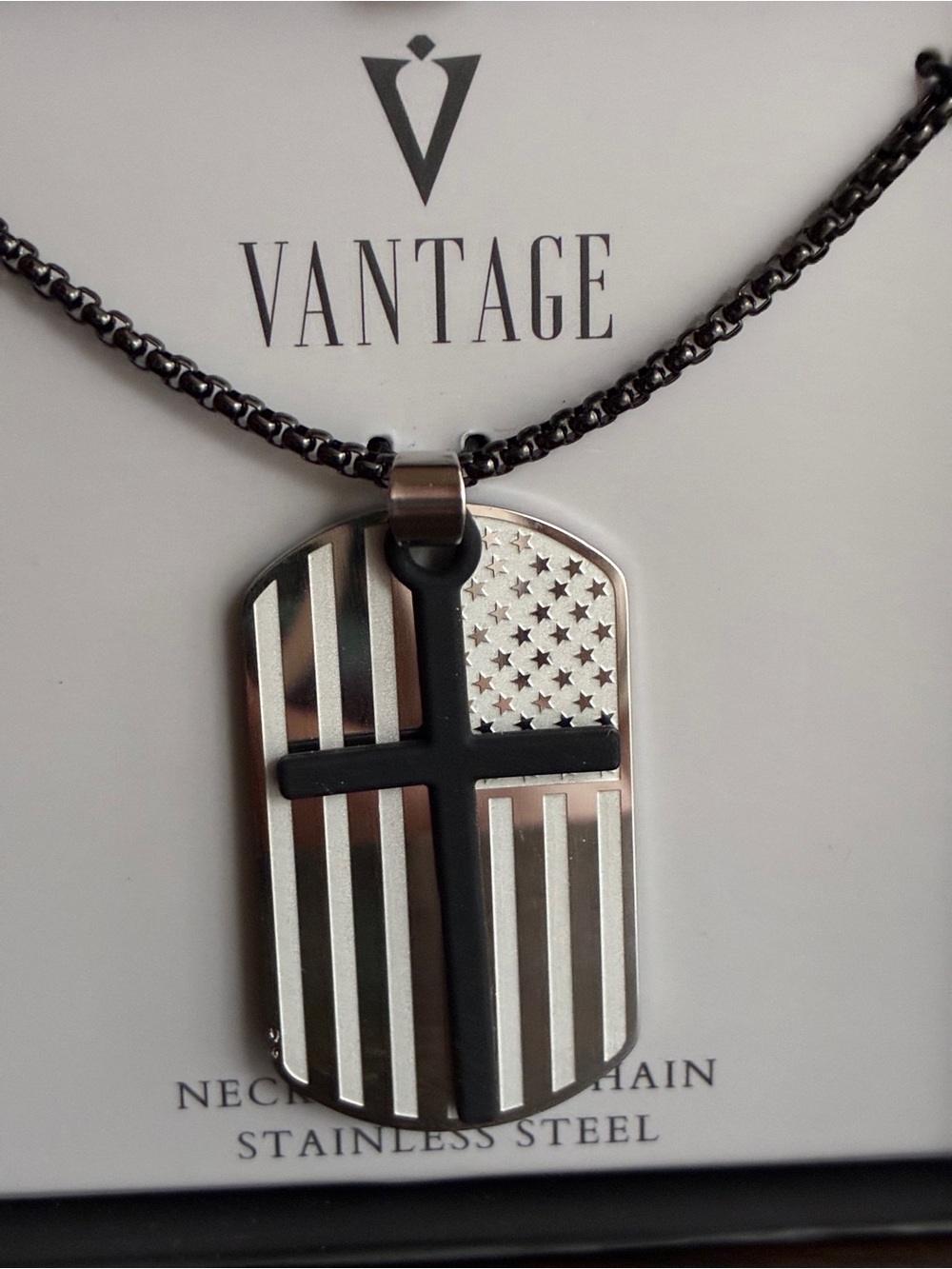Vantage Black & Silver American Flag Cross Dog Tag Necklace